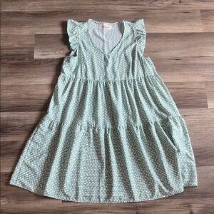 Ces‎ Femme Sea Island Dress L Green White Ditsy Flutter Sleeve Cottagecore Boho